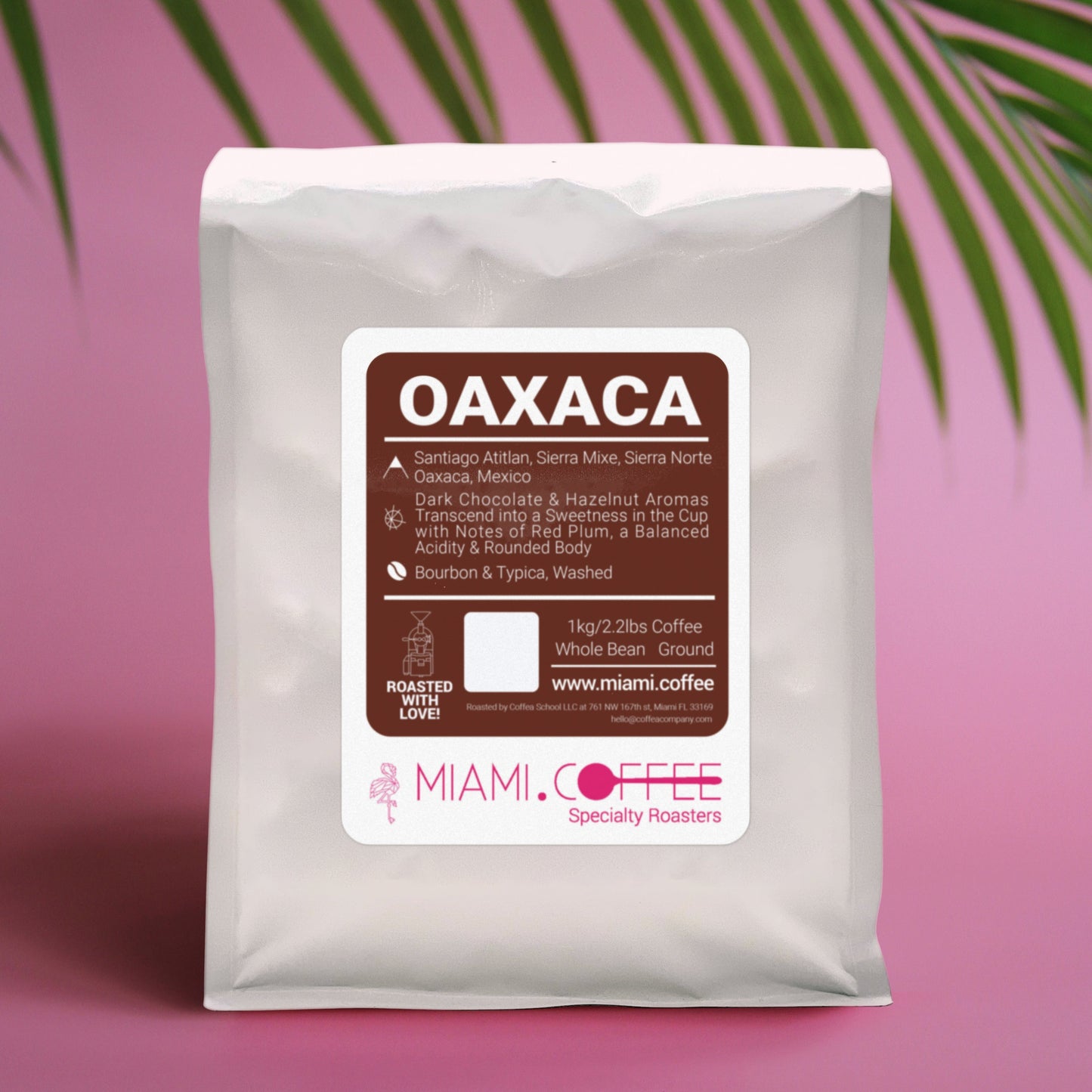 1 Kilogram bag Oaxaca Mexico from Santiago Atitlan Community Sierra Mixe by Miami.Coffee. Cultivars: Bourbon and Typica, washed process. Tasting notes Dark Chocolate, Hazelnut, and Red Plum