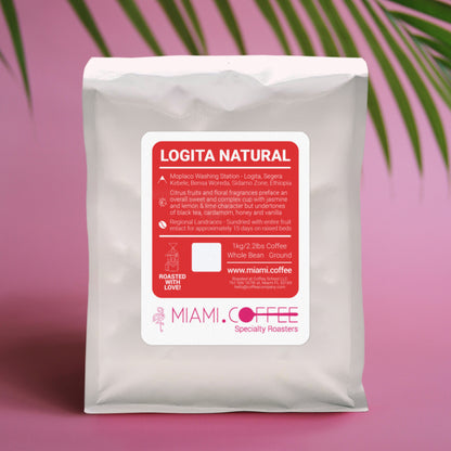 1kg bag of Ethiopia Logita Natural roasted by Miami(dot)Coffee, from Segera Bensa Sidama, Ethiopia, Regional Landraces, Natural Processed. Flavor descriptors: Cherry, Peach, Caramel