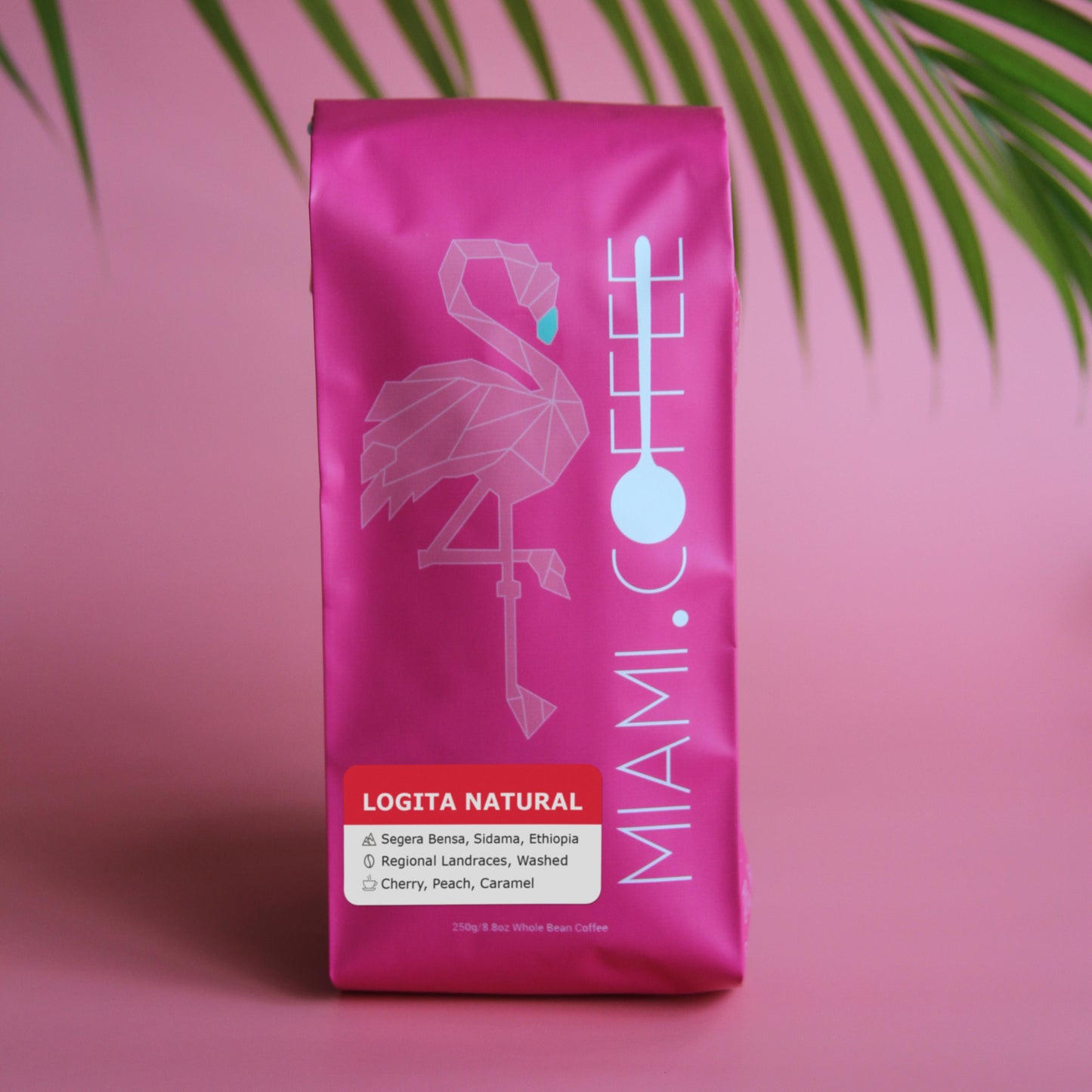 250g bag of Ethiopia Logita Natural roasted by Miami(dot)Coffee, from Segera Bensa Sidama, Ethiopia, Regional Landraces, Natural Processed. Flavor descriptors: Cherry, Peach, Caramel