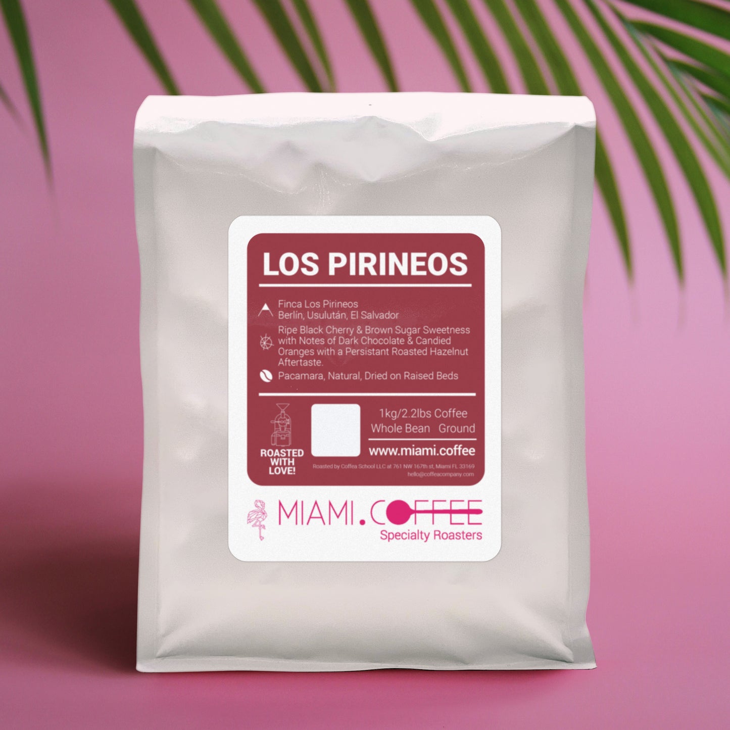 1 Kilogram bag of Miami.Coffee El Salvador Finca Los Pirineos, Producer Diego Baraona, Pacamara, natural process, tasting notes: Black Cherry, Dark Chocolate, Roasted Hazelnut