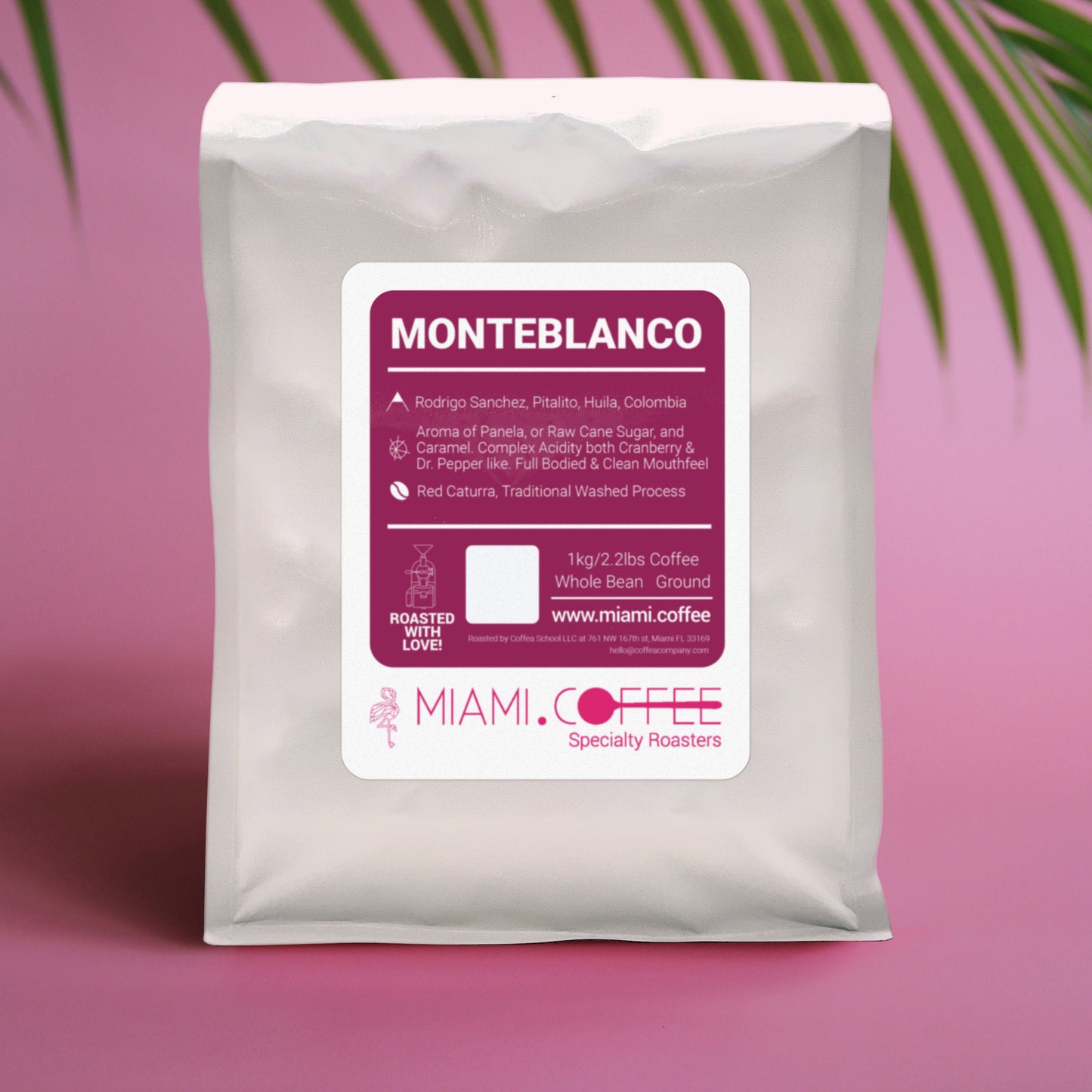 1kg bag of Miami.Coffee Colombia Monteblanco Farm in Huila, Producer Rodrigo Sanchez, Caturra cultivar, washed process, tasting notes: Cranberry, Panela, Dr Pepper