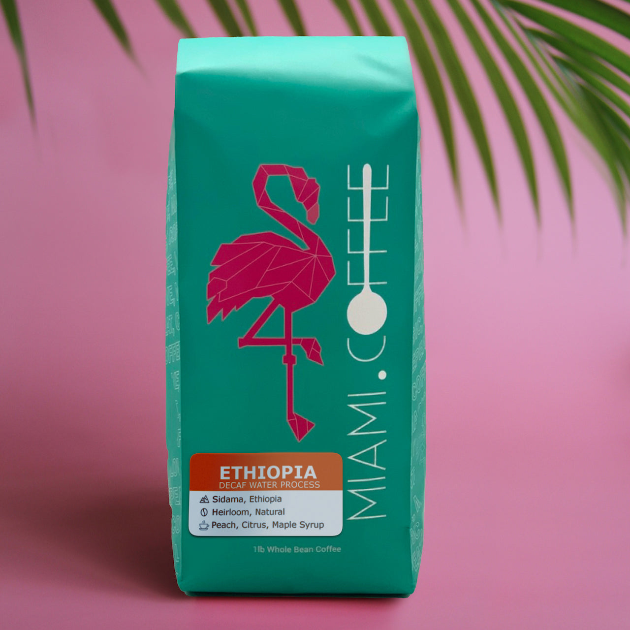 16 ounce bag of Ethiopia Water Process Decaf by Miami (dot) Coffee Flavor Descriptors Peach, Citrus, Maple Syrup.