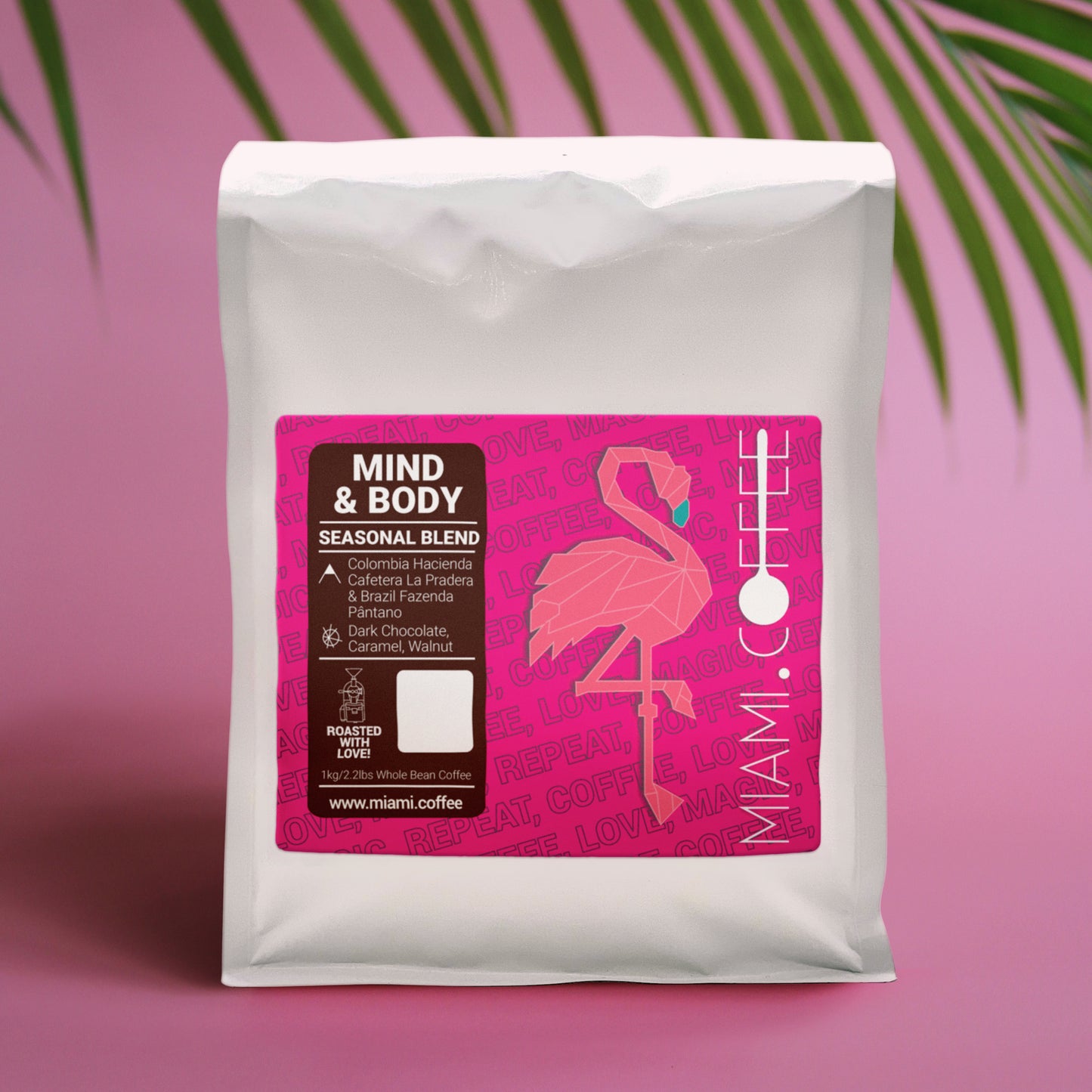 Mind & Body Blend by Miami dot Coffee 1 Kilogram bag. Flavor descriptors: Dark Chocolate, Caramel, Walnut