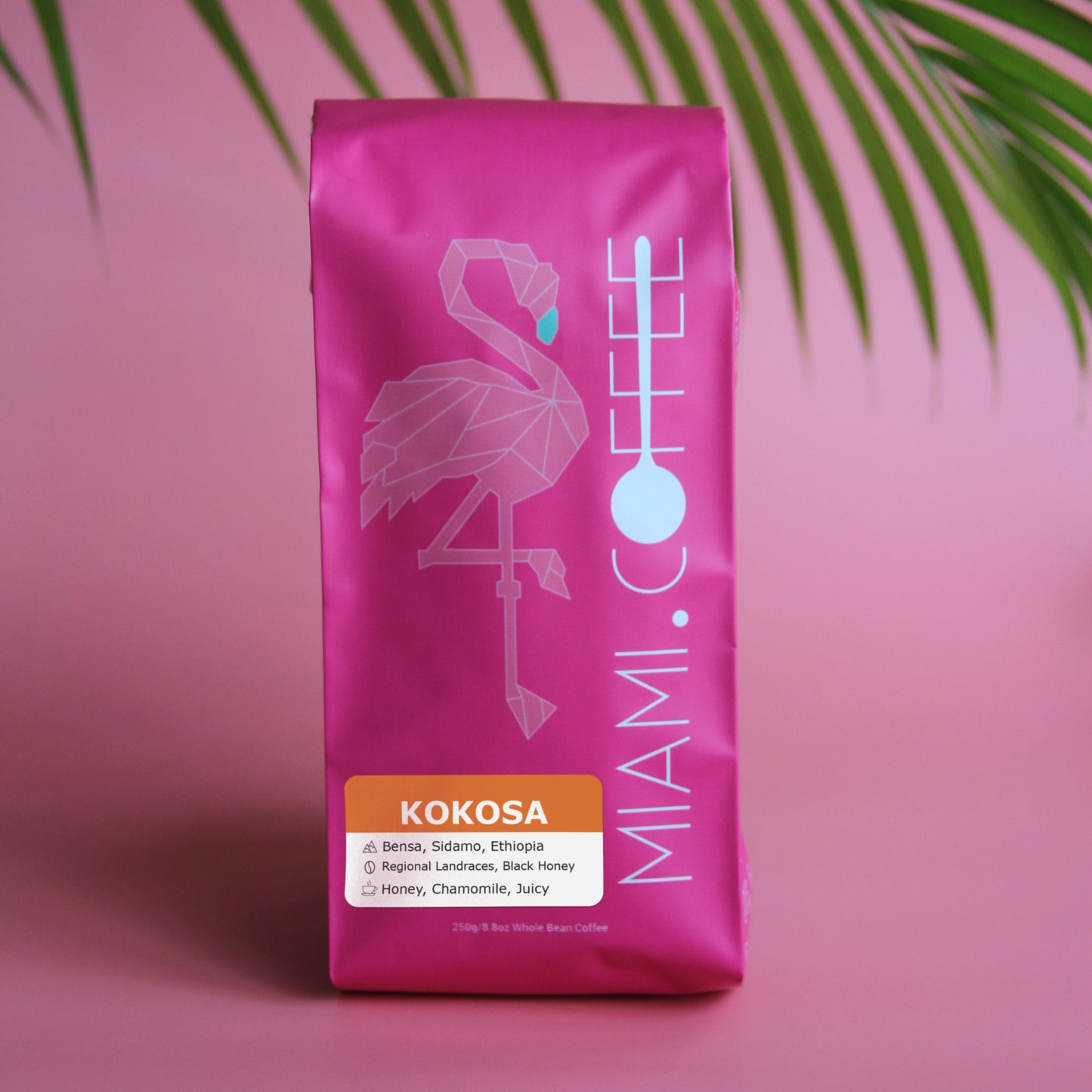250g bag Ethiopia Bensa Kokosa black honey processed regional landraces. Flavor descriptors: Honey, chamomile, juicy