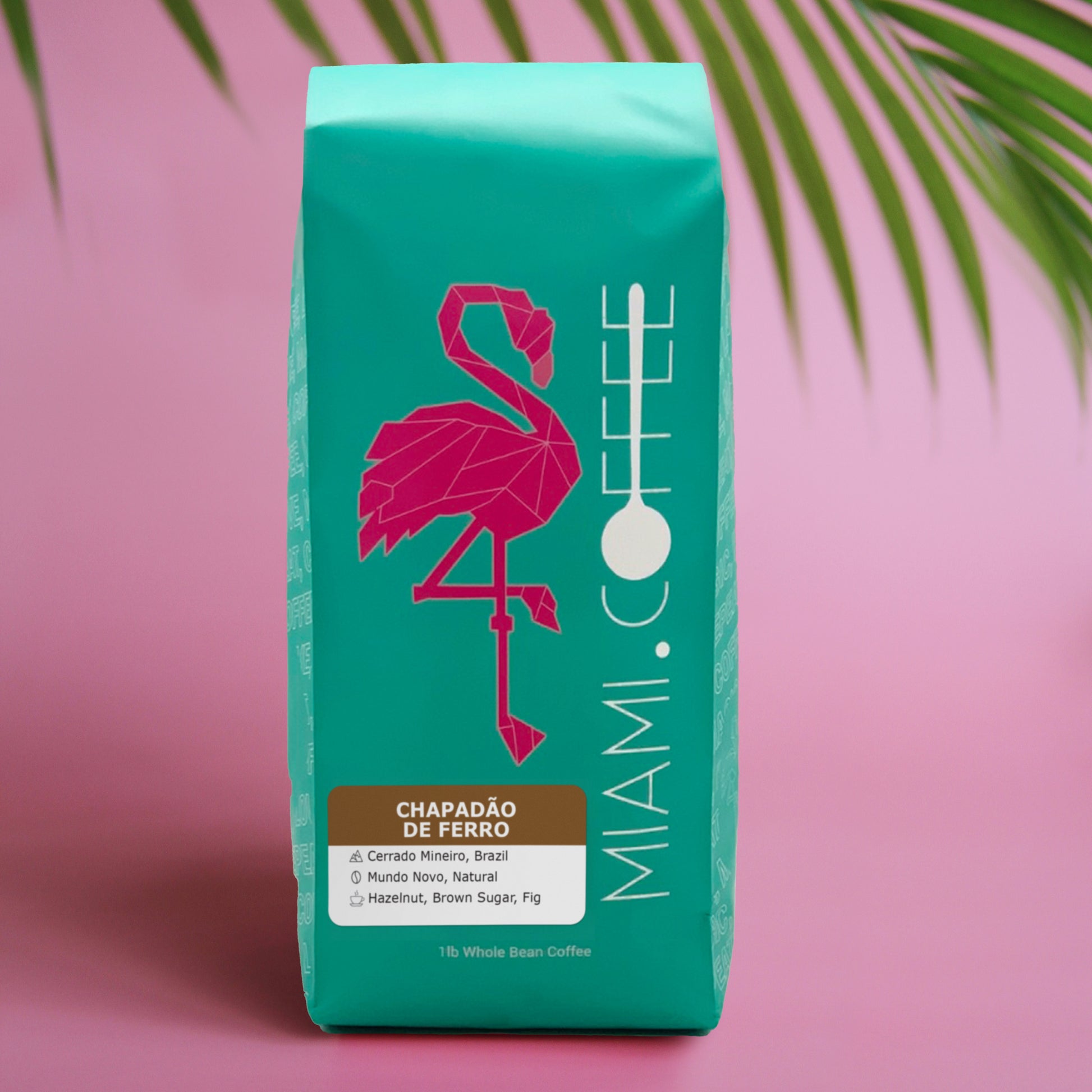 1 pound bag of Miami dot Coffee - Chapadão de Ferro, from Cerrado Mineiro Brazil. Mundo Novo Cultivar, Natural Process. Tasting Notes - Hazelnut, Brown Sugar, Fig