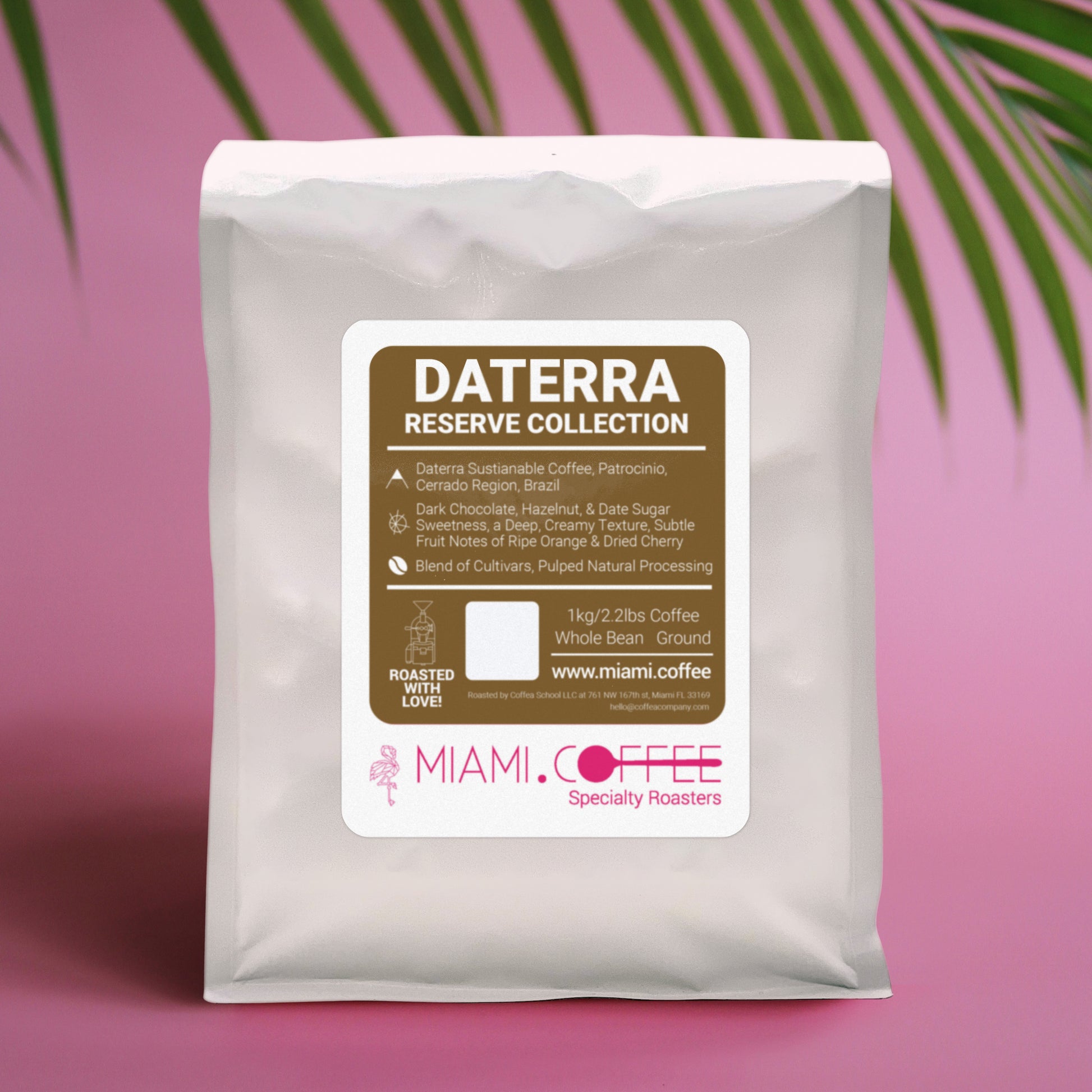 1 kilogram bag of Miami dot Coffee Daterra Reserve Collection from Cerrado Mineiro, Brazil, Pulped Natural Process, Tasting Notes of Dark Chocolate, Hazelnut, Date sugar, Dried cherry