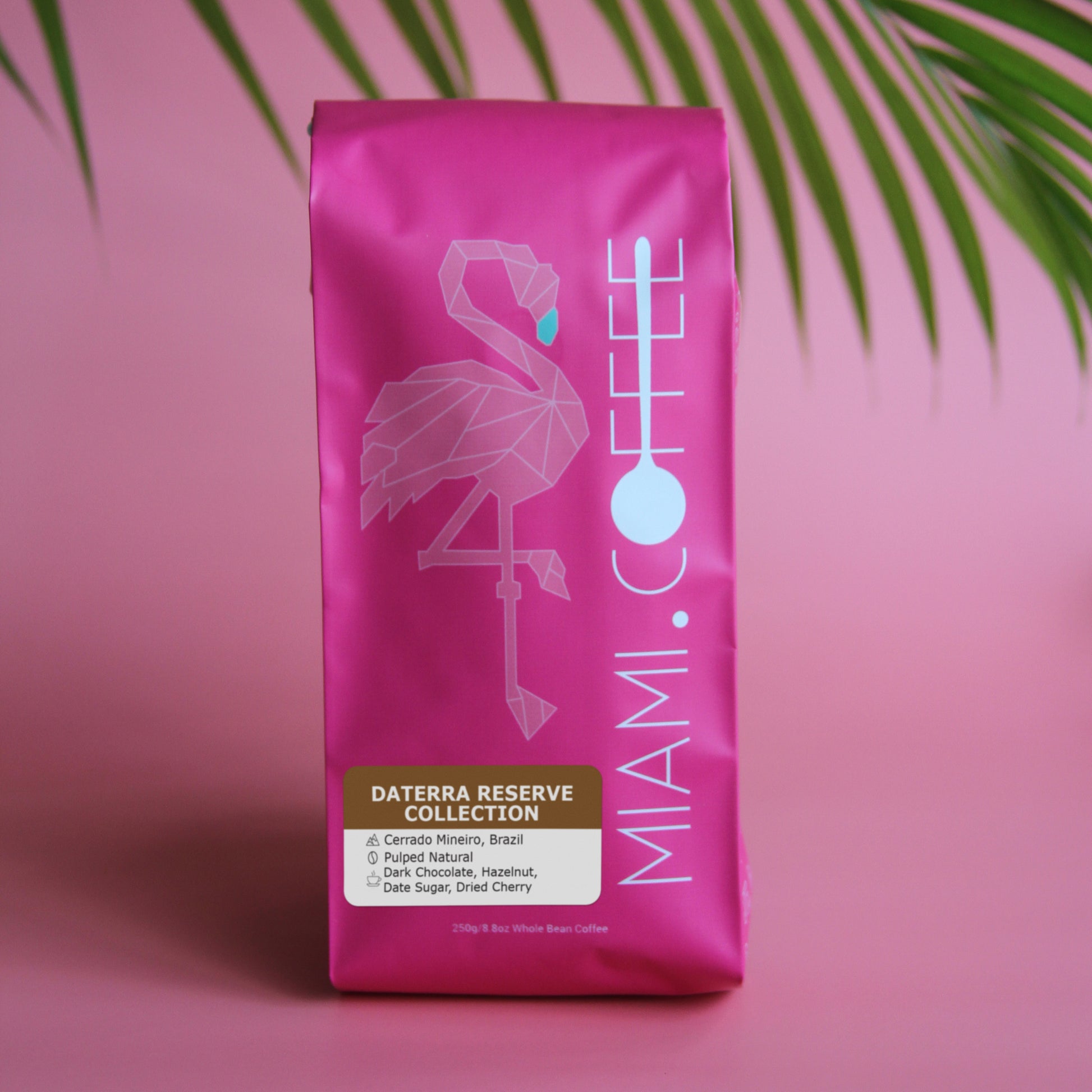 250 gram bag of Miami dot Coffee Daterra Reserve Collection from Cerrado Mineiro, Brazil, Pulped Natural Process, Tasting Notes of Dark Chocolate, Hazelnut, Date sugar, Dried cherry