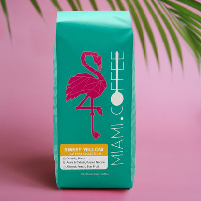 One pound bag of Miami.Coffee Sweet Yellow from the Daterra Collection in Cerrado Brazil. Pulped natural processed Arara and Catuai culticars. Tasting notes: Sweet & Sugary with Notes of Gold Raisin, Butterscotch, and Apricot, with a Smooth Finish showing hints of Almond