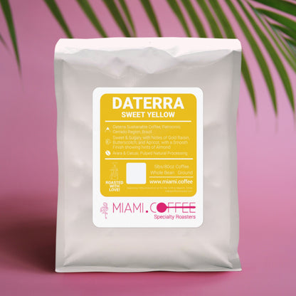 1 kg bag of Miami.Coffee Sweet Yellow from the Daterra Collection in Cerrado Brazil. Pulped natural processed Arara and Catuai culticars. Tasting notes: Sweet & Sugary with Notes of Gold Raisin, Butterscotch, and Apricot, with a Smooth Finish showing hints of Almond