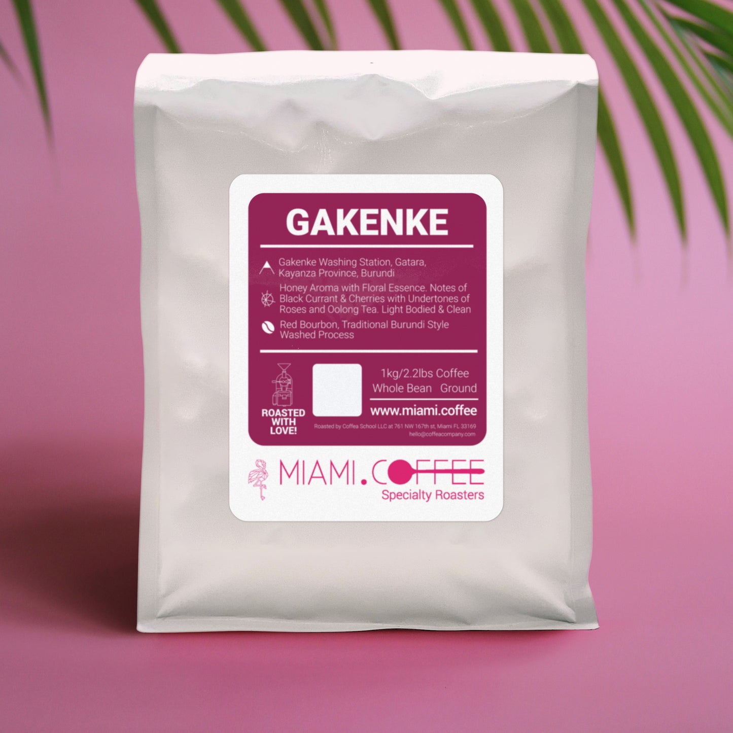 1kg bag of Miami.Coffee Burundi, Gakenke Processing station near Gatara in the Kayanza Province, Bourbon cultivar, washed process, tasting notes: Black Currant, Rose, Oolong