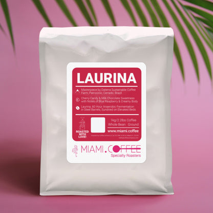 1 kilogram bag of Miami dot Coffee, Laurina - Masterpieces by Daterra Sustainable and Climate Friendly Coffee Farm in Patrocinio, Cerrado, Brazil. Laurina cultivar processed by a 60 hour Natural Anaerobic Fermentation. Tasting notes of cherry, Blue raspberry, and chocolate