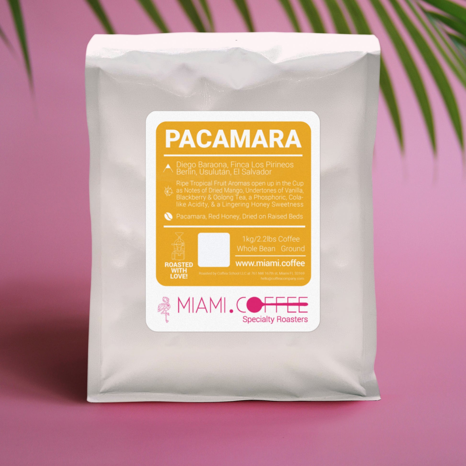 1 Kilogram bag of Miami.Coffee El Salvador Finca Los Pirineos, Producer Diego Baraona, Pacamara, Red Honey Process, tasting notes: Tropical Fruit, Honey, Juicy