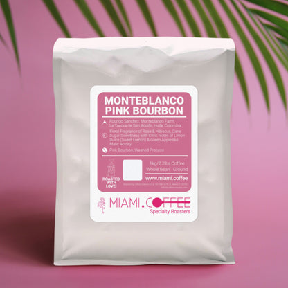 1 kilogram bag of Miami.Coffee Colombia Monteblanco Farm in Huila, Producer Rodrigo Sanchez, Pink Bourbon, washed process, tasting notes: Floral, Citrus, Green Apple, Panela