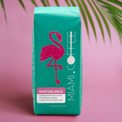 1 Pound bag of Miami.Coffee Colombia Monteblanco Farm in Huila, Producer Rodrigo Sanchez, Pink Bourbon, washed process, tasting notes: Floral, Citrus, Green Apple, Panela