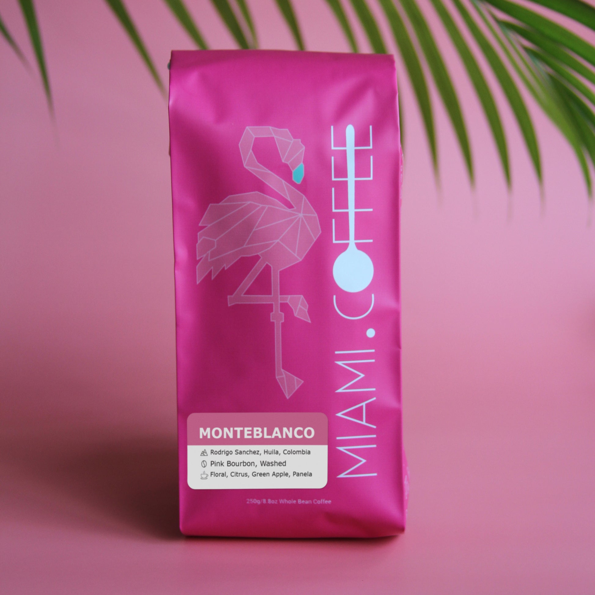 250g bag of Miami.Coffee Colombia Monteblanco Farm in Huila, Producer Rodrigo Sanchez, Pink Bourbon, washed process, tasting notes: Floral, Citrus, Green Apple, Panela