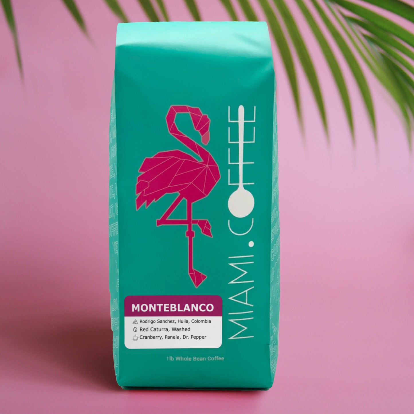 1 pound bag of Miami.Coffee Colombia Monteblanco Farm in Huila, Producer Rodrigo Sanchez, Caturra cultivar, washed process, tasting notes: Cranberry, Panela, Dr Pepper