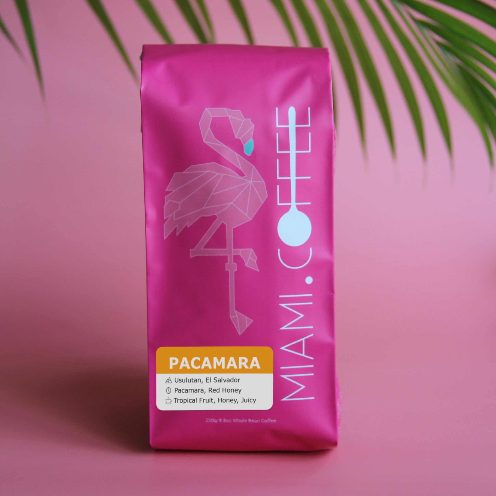 250 gram bag of Miami.Coffee El Salvador Finca Los Pirineos, Producer Diego Baraona, Pacamara, Red Honey Process, tasting notes: Tropical Fruit, Honey, Juicy