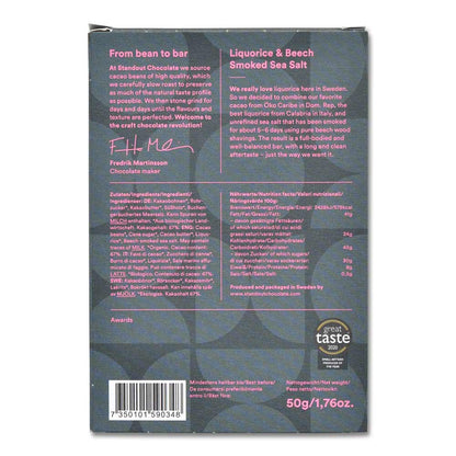 STANDOUT SWEDISH FAVOURITES LIQUORICE & BEECH SMOKED SEA SALT 67%, 50G