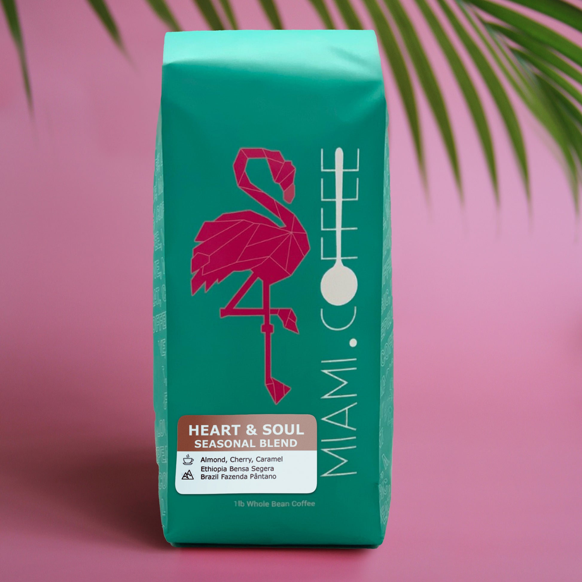 Miami (dot) Coffee Heart & Soul Seasonal Blend 16oz bag. Origins: Ethiopia Bensa Segera and Brazil Fazenda Pântano. Flavor Descriptors: Almond, Cherry, Caramel
