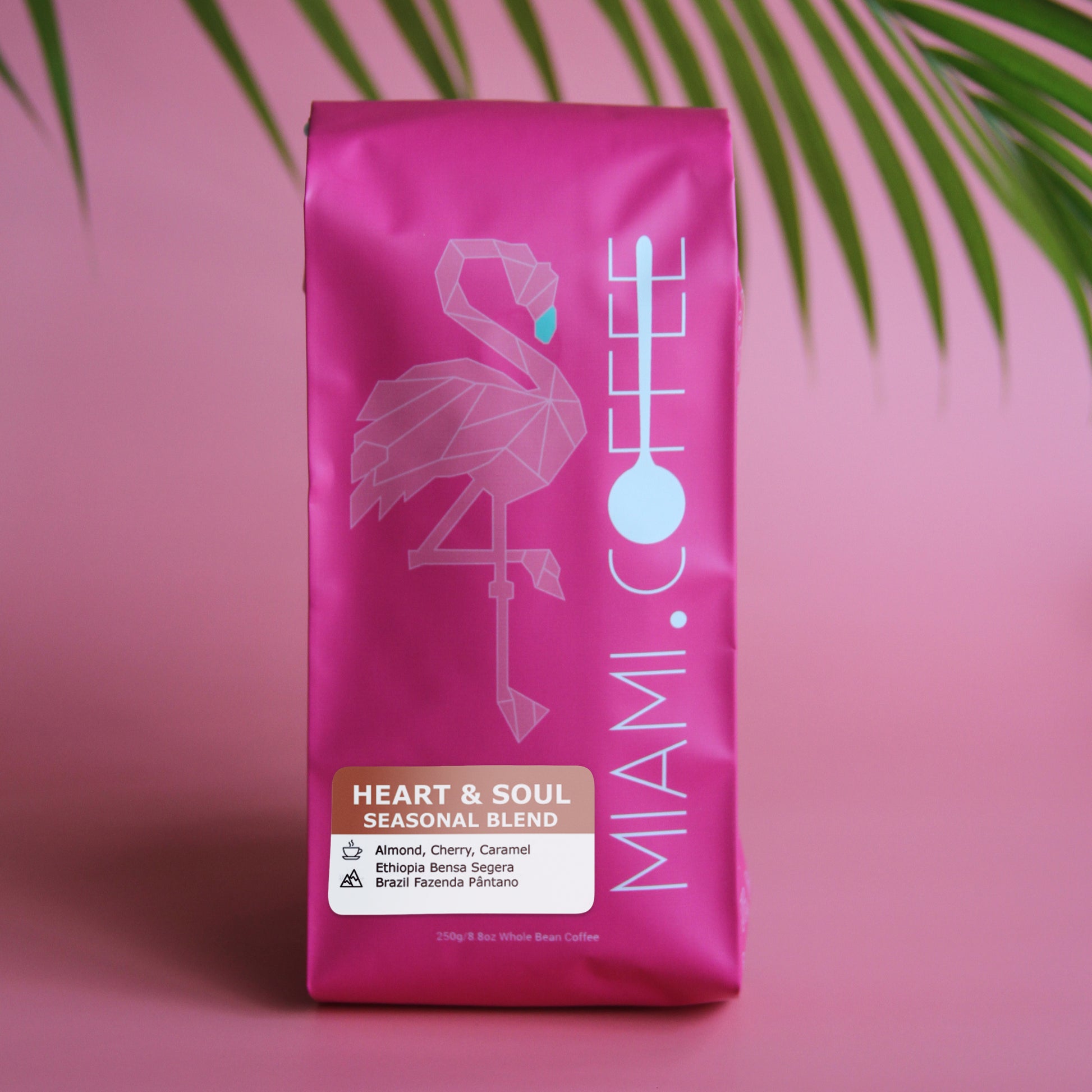 Miami (dot) Coffee Heart & Soul Seasonal Blend 9oz bag. Origins: Ethiopia Bensa Segera and Brazil Fazenda Pântano. Flavor Descriptors: Almond, Cherry, Caramel