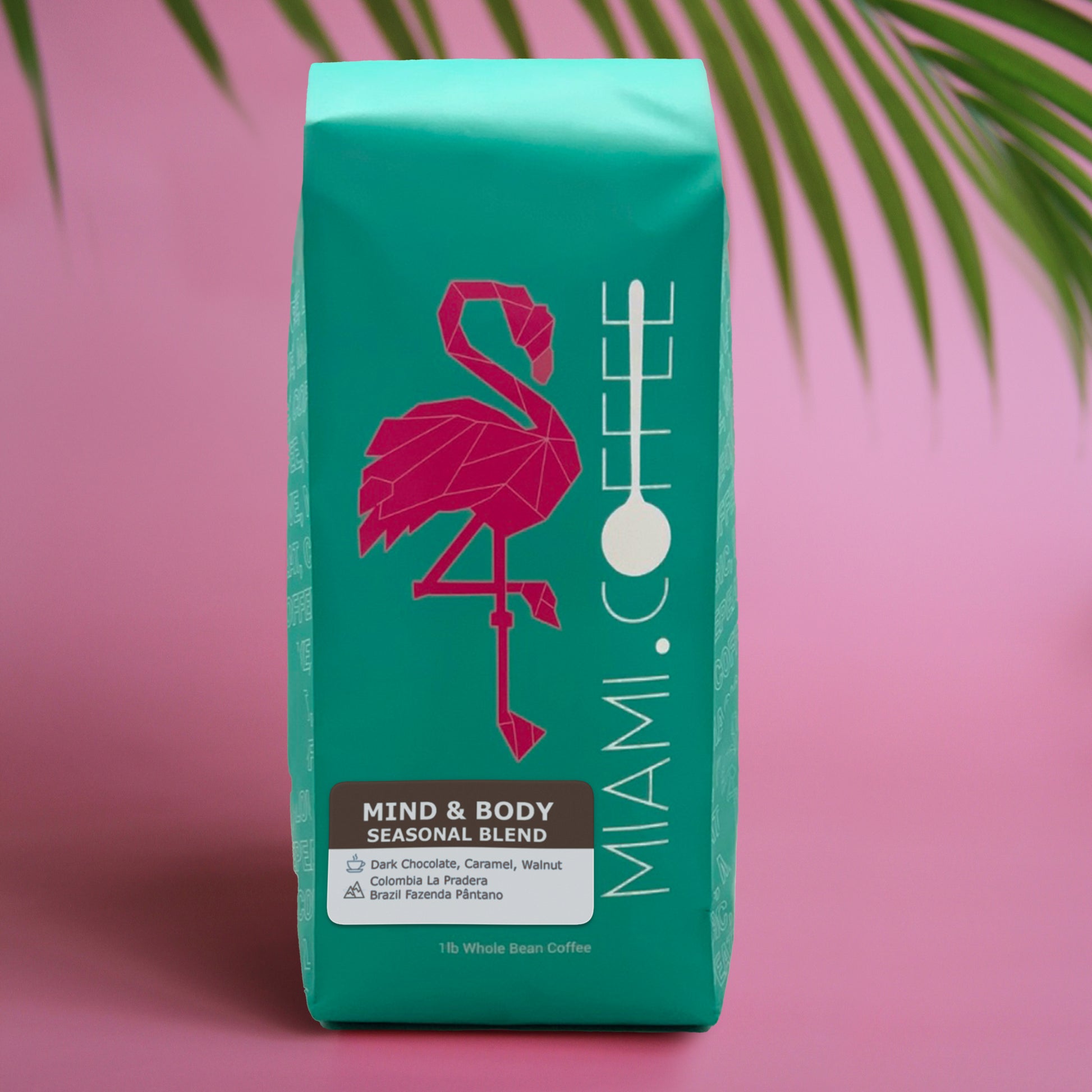 Mind & Body Blend by Miami dot Coffee 1 Pound bag. Flavor descriptors: Dark Chocolate, Caramel, Walnut